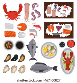 Seafood set design flat fish and crab