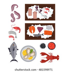 Seafood set design flat fish and crab