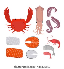 Seafood set design flat fish and crab