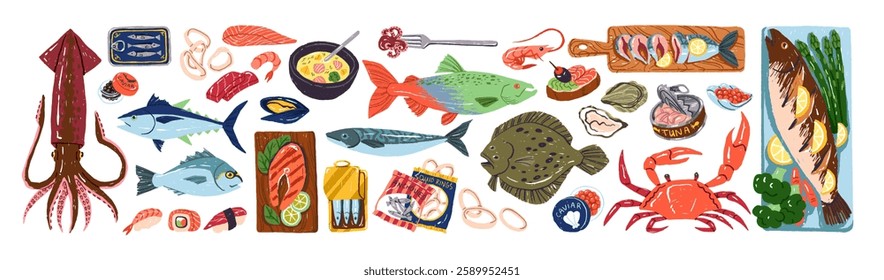 Seafood set. Different sea food: fishes, squid, salmon, tuna, sushi, caviar, shrimp, crab, octopus, oyster. Underwater, undersea cuisine. Flat isolated vector illustrations on white background