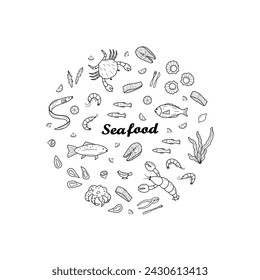 Seafood is a set of doodle icons. Vector illustration of seafood and cuisine.