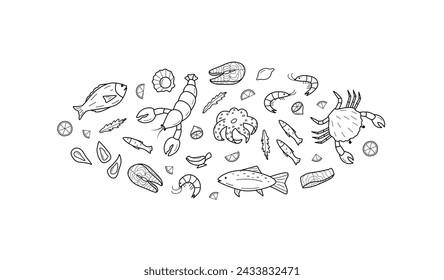 Seafood set of doodle icons. Vector illustration of seafood and cuisine.