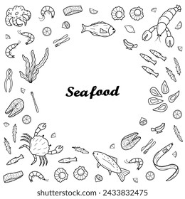 Seafood set of doodle icons. Vector illustration of seafood and cuisine.