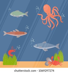 Seafood set with fish, crab, mussel, octopus, shrimp and lemon. Design for web, restaurant menu, market. Marine creatures in flat style, vector illustration