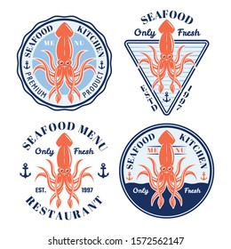 Seafood set of four vector colored restaurant badges, emblems, labels or logos with squid and sample text isolated on white background