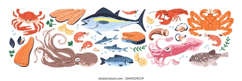 Seafood set. Fresh sea food, shrimps, lobster, marine squid, octopus, ocean shellfish, salmon, tuna and cod fish, mussels, oysters and crab. Flat vector illustration isolated on white background