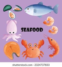 seafood set fresh and tasty cartoon drawing
