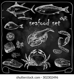 Seafood set. Hand drawn sketch. Chalk boards.