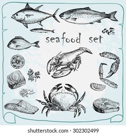 Seafood set. Hand drawn sketch.