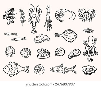 Seafood set hand drawn vector illustration. Ink sketch isolated on white background. Doodle with scallop, lobster, dorado, salmon, sardine, oyster, caviar, shrimp, crayfish, squid, mackerel, seaweed