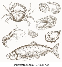 Seafood Set. Hand Drawn Vintage Illustration With Fish, Crab, Shrimp And Oyster. 