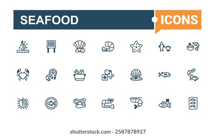 Seafood Set of icons. Contains related to whale tail, shellfish, thin line icon, collection, shell, octopus, prawn and more. Flat icon design. Solid line editable stroke.