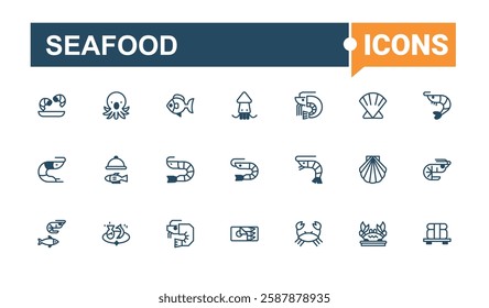 Seafood Set of icons. Contains related to whale tail, shellfish, thin line icon, collection, shell, octopus, prawn and more. Flat icon design. Solid line editable stroke.