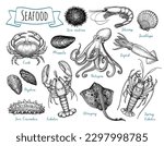 Seafood set. Ink sketch isolated on white background. Hand drawn vector illustration. Retro style.