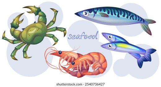 Seafood set isolated on white background. Vector cartoon illustration of crab, fish, shrimp, tuna, fresh ingredients for cooking gourmet dish, restaurant menu icons, food market products collection