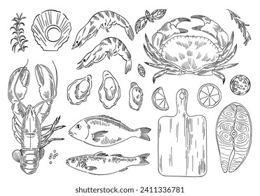 seafood set of line art illustration 