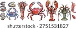 Seafood set with lobster crab squid mussels oysters shrimp vector expressive style