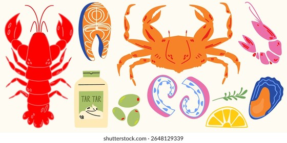 Frutos do mar. Lagosta, peixe, camarão, caranguejo, polvo.  Culinária mediterrânea.