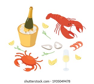 Seafood set - lobster, oysters and sparkling wine. Isometric vector illustration in flat design.
 svg