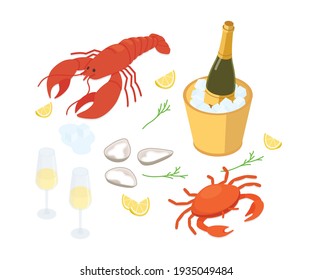 Seafood set - lobster, oysters and sparkling wine. Isometric vector illustration in flat design.
