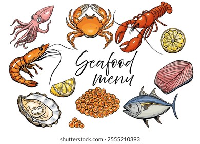 Seafood, set menu. Line drawing vector, Hand drawn food. 