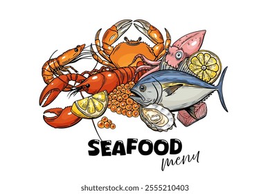 Seafood, set menu. Line drawing vector, Hand drawn food. oyster, lobster, lemon, tuna, squid, caviar, crab, shrimp