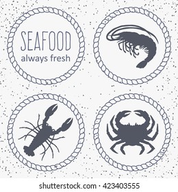 Seafood set of monochrome vector labels, badges, emblems; crab, lobster, shrimp in rope frames on white background with grunge; hand drawn illustration for restaurant or cafe menu 