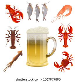 Seafood set and mug of beer. Vector illustration isolated on white background