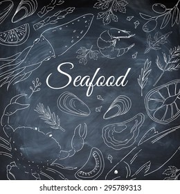 Seafood. Set of nautical food. Chalk board background. Fish, prawns, crab, squid, oyster, lemon, clove, rosemary, tomato, dill, arugula and mussels. Linear hand drawn elements. Isolated elements.