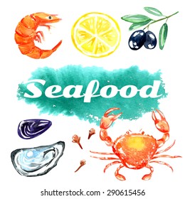 Seafood. Set of nautical food. Watercolor illustration. Prawns, crab, oyster, olives, lemon, cloves and mussels.