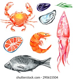 Seafood. Set of nautical food. Watercolor illustration. Fish, prawns, crab, squid, oyster and mussels.