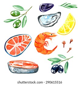 Seafood. Set of nautical food. Watercolor illustration. Fish, prawns, oyster, olives, lemon, cloves and mussels.