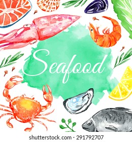 Seafood. Set of nautical food. Watercolor illustration. Fish, prawns, crab, squid, oyster, lemon, clove and mussels. Isolated elements for easy use.