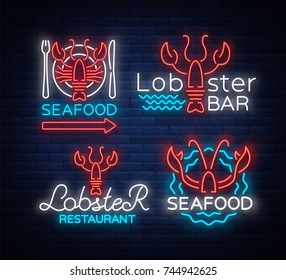 Seafood set of neon logo icons vector illustration. Lobster emblem, neon advertisement, night sign for the restaurant, cafe, bar with seafood. Glowing banner, a template for your projects.