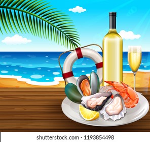 A seafood set on summer beach background illustration