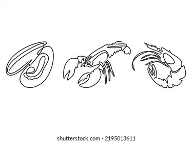 Seafood set in one line art style. Lobster, shrimp, oysters single line drawing. Restaurant menu icons, vector illustration