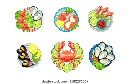 Seafood set, oysters, shrimps, octopus, lobster on plates vector Illustration on a white background