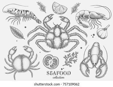 seafood set painted in dotwork style