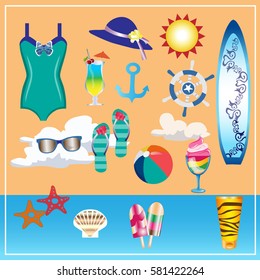 seafood set: palm tree, Dolphin, beach ball, hat, sunglasses, life ring, sun cream, swimsuit, surfboard