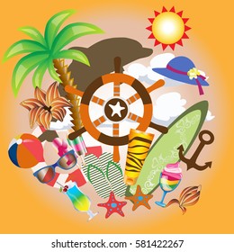 seafood set: palm tree, Dolphin, beach ball, hat, sunglasses, life ring, sun cream on an orange background