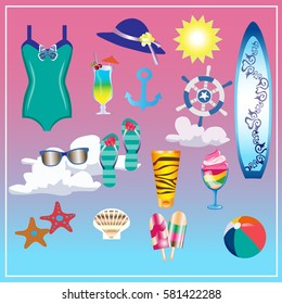 seafood set: palm tree, Dolphin, beach ball, hat, sunglasses, life ring, sun cream, swimsuit, surfboard