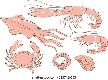 Seafood set. Prawns crab lobster shellfish shrimps. Ocean food market outline vector sketch drawing.