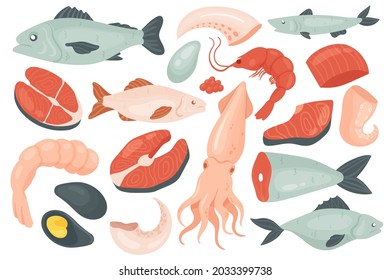 Seafood set, raw sea ocean fish and shellfish vector illustration. Cartoon fresh gourmet food menu collection with shrimp, fillet steak of salmon, tuna octopus mussel clam shell isolated on white