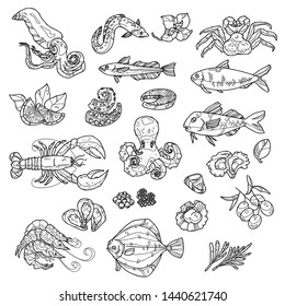 Seafood set: salmon, crab, shell, lobster. Vector hand drawn monochrome ocean sea river fish collection. Isolated graphic black ink on white background. Japanese food and restaurant design set.