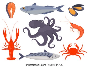 Seafood set. Salmon, mussels, crab, lobster, octopus, shrimp, mackerel in flat style. Fish seafood icons for restaurant menu Vector illustration