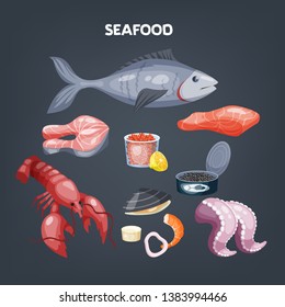 Seafood set. Salmon slice and shrimp, shellfish. Delicious exotic food from ocean or sea. Isolated vector cartoon illustration