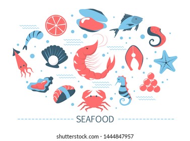 Seafood set. Salmon slice and shrimp, shellfish. Delicious exotic food from ocean or sea. Collection of colorful icons. Isolated flat vector illustration
