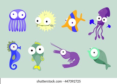 Seafood. Set of sea animals and fish. Creative drawing. Flat style.
