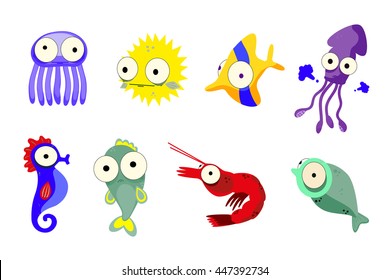 Seafood. Set of sea animals and fish. Creative drawing. Flat style.