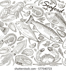 Seafood set seamless pattern